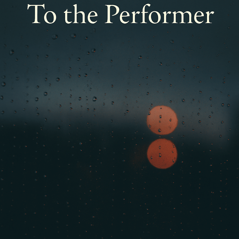 Rain-streaked window with blurred city lights at night, emotional tone.